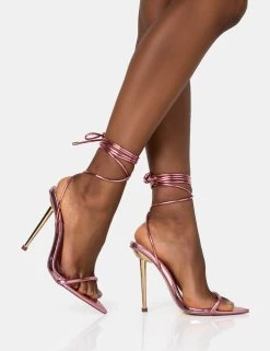 Look Back Pink Metallic Pointed Toe Lace Up Gold Stiletto Heels 9 Look Back Pink Metallic Pointed Toe Lace Up Gold Stiletto Heels -Chic Footwear Shop 771A1598