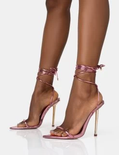 Look Back Pink Metallic Pointed Toe Lace Up Gold Stiletto Heels 8 Look Back Pink Metallic Pointed Toe Lace Up Gold Stiletto Heels -Chic Footwear Shop 771A1601