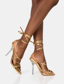 Nobu Gold Lace Up Round Toe Perspex Stiletto Heels -Chic Footwear Shop 771A1602