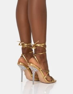 Nobu Gold Lace Up Round Toe Perspex Stiletto Heels -Chic Footwear Shop 771A1604