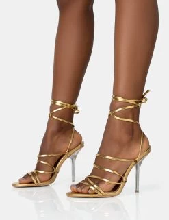 Nobu Gold Lace Up Round Toe Perspex Stiletto Heels -Chic Footwear Shop 771A1605