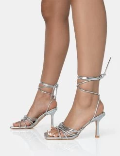 Keri Silver Metallic PU Strappy Lace Up Mid Heels -Chic Footwear Shop 771A1690