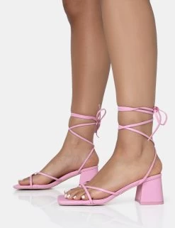 Casey Wide Fit Baby Pink Strappy Lace Up Square Toe Low Block Heel Sandals -Chic Footwear Shop 771A1698
