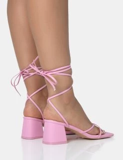 Casey Wide Fit Baby Pink Strappy Lace Up Square Toe Low Block Heel Sandals -Chic Footwear Shop 771A1700
