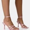 Mademoiselle Baby Pink Satin Strappy Square Toe Mid Stiletto Heels