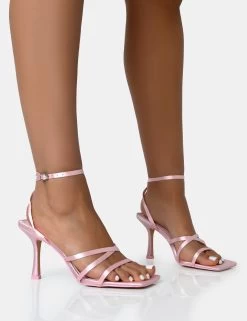 Chic Footwear Shop 30 Mademoiselle Baby Pink Satin Strappy Square Toe Mid Stiletto Heels