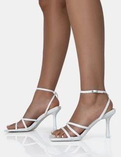 Mademoiselle White Pu Strappy Square Toe Mid Stiletto Heels -Chic Footwear Shop 771A1719