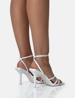 Mademoiselle White Pu Strappy Square Toe Mid Stiletto Heels -Chic Footwear Shop 771A1721