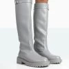 More Fun Grey PU Round Toe Chunky Sole Knee High Boots -Chic Footwear Shop 771A1738