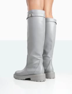 More Fun Grey PU Round Toe Chunky Sole Knee High Boots -Chic Footwear Shop 771A1739