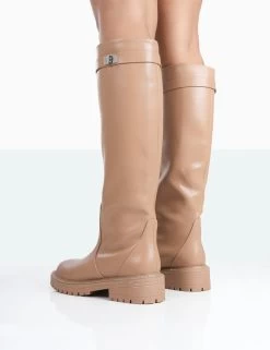 More Fun Caramel PU Round Toe Chunky Sole Knee High Boots -Chic Footwear Shop 771A1743