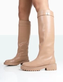 More Fun Caramel PU Round Toe Chunky Sole Knee High Boots -Chic Footwear Shop 771A1744
