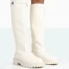 More Fun Ecru PU Round Toe Chunky Sole Knee High Boots -Chic Footwear Shop 771A1747