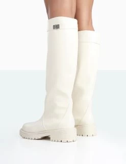 More Fun Ecru PU Round Toe Chunky Sole Knee High Boots -Chic Footwear Shop 771A1748