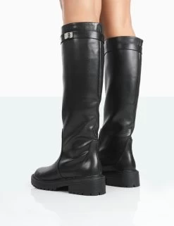 More Fun Black Pu Round Toe Chunky Sole Knee High Boots -Chic Footwear Shop 771A1752