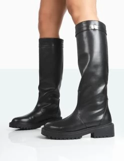 More Fun Black Pu Round Toe Chunky Sole Knee High Boots -Chic Footwear Shop 771A1753