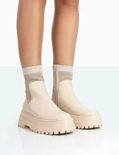 Paloma Nude Boucle Knit Platform Chunky Sole Sock Ankle Boots