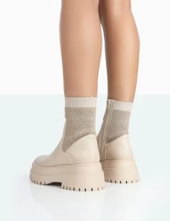 Paloma Nude Boucle Knit Platform Chunky Sole Sock Ankle Boots -Chic Footwear Shop 771A1756