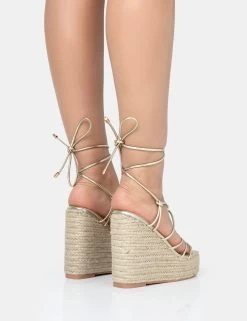 Islander Gold Lace Up Square Toe High Heeled Sandal Esparille Wedges -Chic Footwear Shop 771A1892