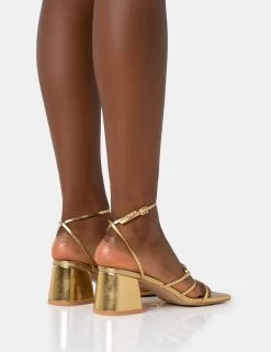 Dayla Gold Strappy Square Toe Block Mid Heel Sandals -Chic Footwear Shop 771A2003