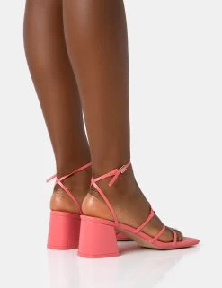 Dayla Coral PU Strappy Square Toe Block Mid Heel Sandals -Chic Footwear Shop 771A2007