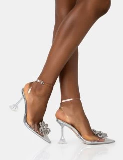 Vibez Silver Mirror Metallic Diamante Flower Broach Strappy Perspex Cake Stand Pointed Toe Heels