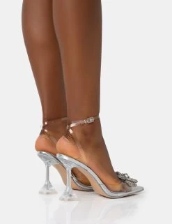 Vibez Silver Mirror Metallic Diamante Flower Broach Strappy Perspex Cake Stand Pointed Toe Heels -Chic Footwear Shop 771A2041