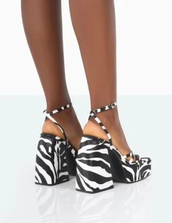 Amerie Zebra Grain Chunky Square Toe Platform Block Heels -Chic Footwear Shop 771A2075