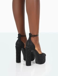 Effie Black Diamante Ankle Strap Block Heel Platform Court High Heels -Chic Footwear Shop 771A2083
