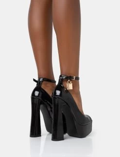 Formation Black Patent Padlock Detail Chunky Square Peep Toe Platform Heels 9 Formation Black Patent Padlock Detail Chunky Square Peep Toe Platform Heels -Chic Footwear Shop 771A2166