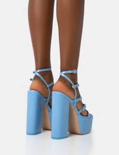 Flawless Baby Blue Patent Buckle Strap Round Toe Platform Block Heels -Chic Footwear Shop 771A2175