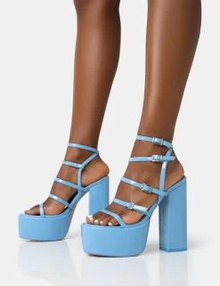 Flawless Baby Blue Patent Buckle Strap Round Toe Platform Block Heels -Chic Footwear Shop 771A2176