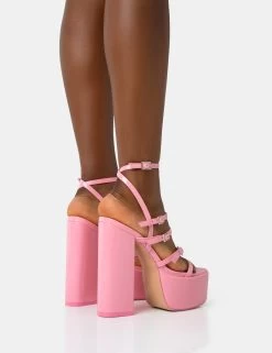 Flawless Baby Pink Patent Buckle Strap Round Toe Platform Block Heels -Chic Footwear Shop 771A2179
