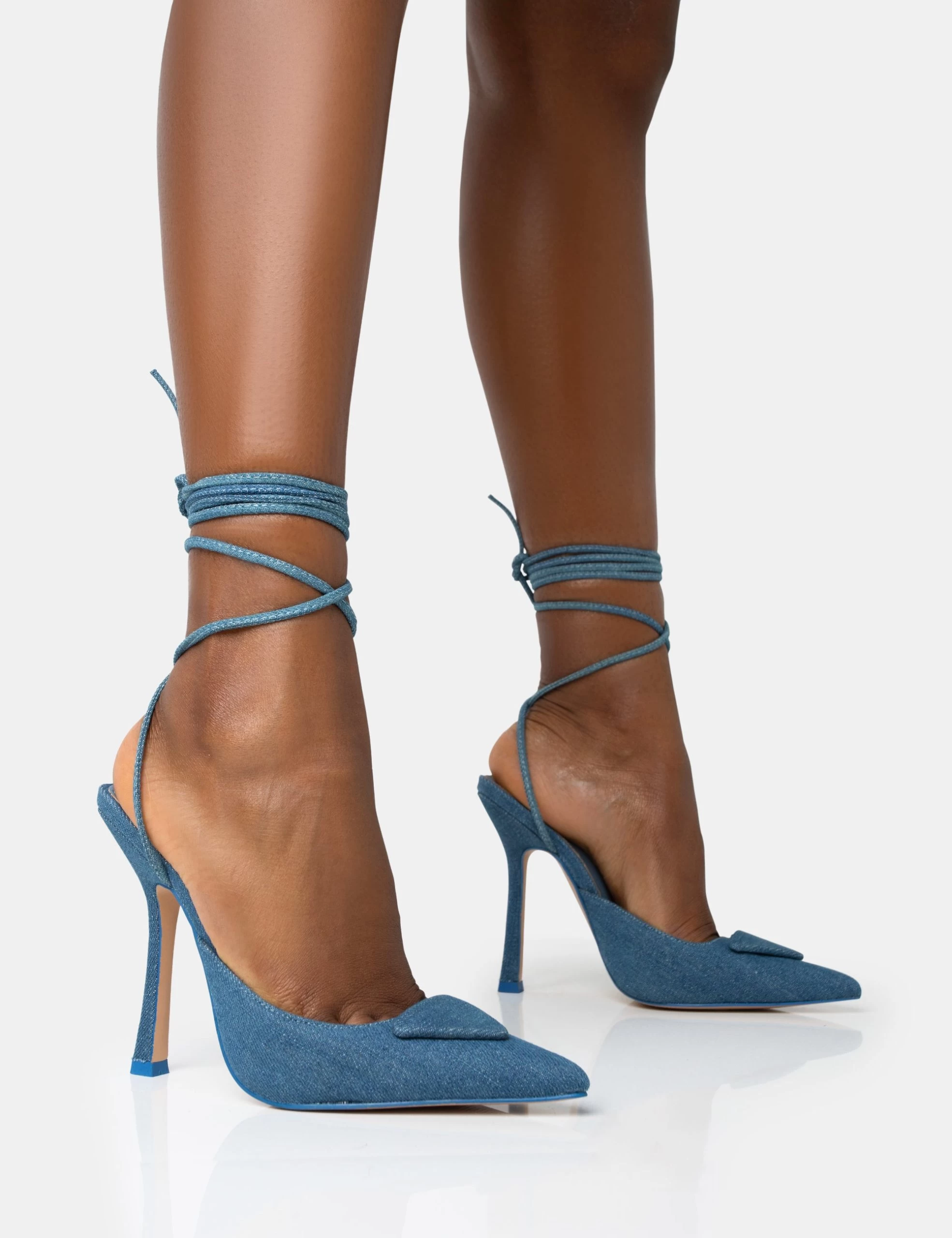 Vada Blue Denim Slingback Lace Up Pointed Court Stiletto Heels 3 Vada Blue Denim Slingback Lace Up Pointed Court Stiletto Heels