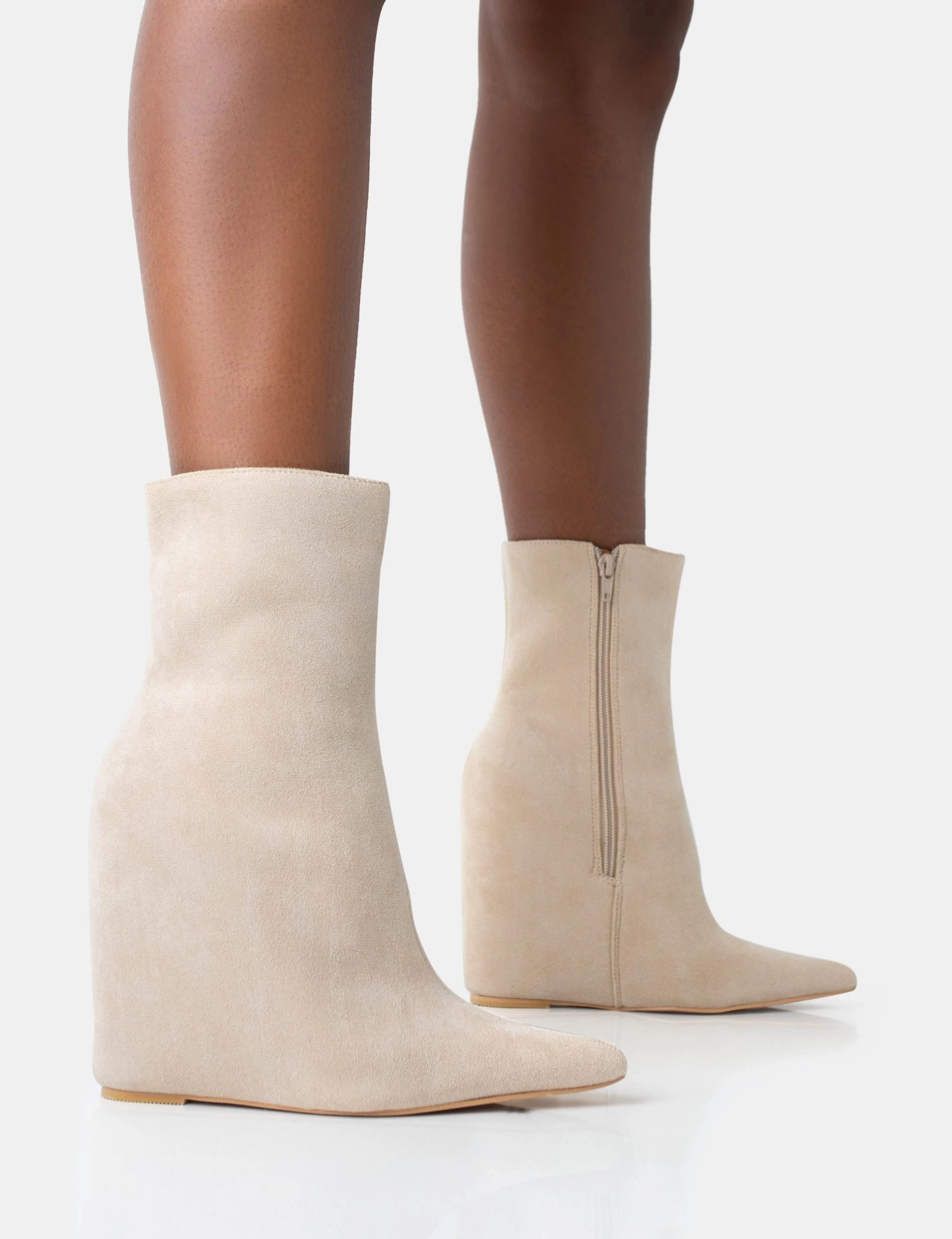 Getaway Beige Faux Suede Wedged Heeled Ankle Boot 3 Getaway Beige Faux Suede Wedged Heeled Ankle Boot