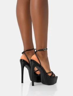 Afterhours Black Patent Strappy Platform Square Toe Stiletto Heels -Chic Footwear Shop 771A2441