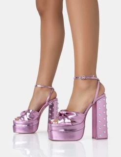 Magnum Pink Metallic PU Knot Strap Platform Diamante Block Heels 8 Magnum Pink Metallic PU Knot Strap Platform Diamante Block Heels -Chic Footwear Shop 771A2516
