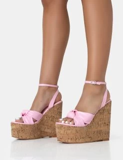 Sandy Pink PU Knot Strap Round Toe Cork Wedge Heels -Chic Footwear Shop 771A2546