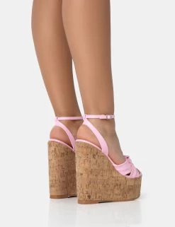 Sandy Pink PU Knot Strap Round Toe Cork Wedge Heels -Chic Footwear Shop 771A2548