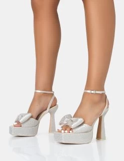 Sugarboo Off White Satin Diamante Bow Lace Up Square Toe Platform Heels -Chic Footwear Shop 771A2562
