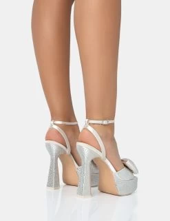 Sugarboo Off White Satin Diamante Bow Lace Up Square Toe Platform Heels -Chic Footwear Shop 771A2564