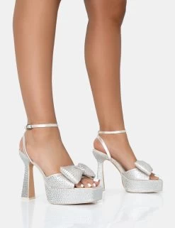 Sugarboo Off White Satin Diamante Bow Lace Up Square Toe Platform Heels