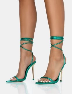Look Back Turquoise Metallic PU Pointed Toe Lace Up Stiletto Heels -Chic Footwear Shop 771A2582