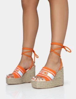 Take Off Orange Embroidered Portofino Lace Up Raffia Square Toe Wedge Heels -Chic Footwear Shop 771A2586