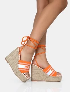 Take Off Orange Embroidered Portofino Lace Up Raffia Square Toe Wedge Heels -Chic Footwear Shop 771A2587