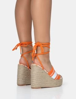Take Off Orange Embroidered Portofino Lace Up Raffia Square Toe Wedge Heels -Chic Footwear Shop 771A2588