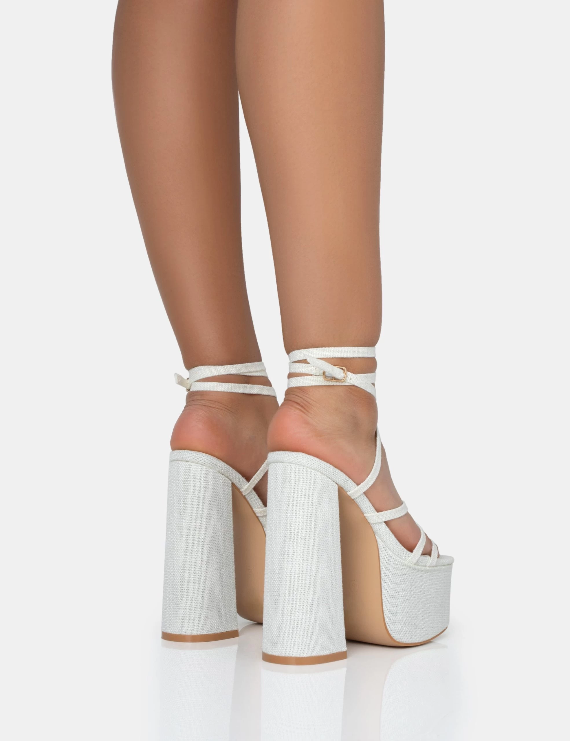 Suki Ecru Linen Strappy Platform Square Toe Block Heels 6 Suki Ecru Linen Strappy Platform Square Toe Block Heels - Image 4
