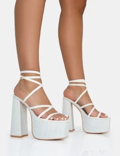 Suki Ecru Linen Strappy Platform Square Toe Block Heels
