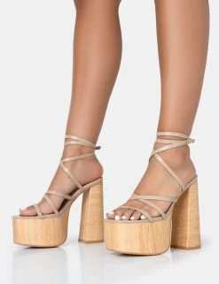 Suki Nude PU Strappy Wood Effect Platform Square Toe Block Heels -Chic Footwear Shop 771A2599