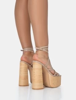 Suki Nude PU Strappy Wood Effect Platform Square Toe Block Heels -Chic Footwear Shop 771A2601